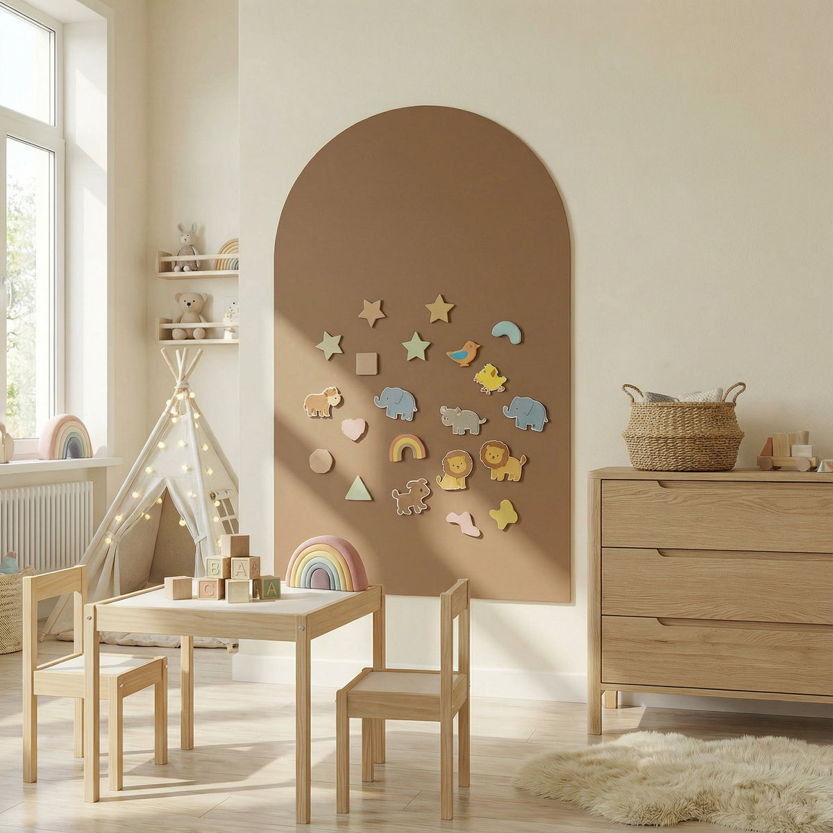 Kids room inspiration with playful wall decor, a wooden table, and chairs in a cozy, bright space.