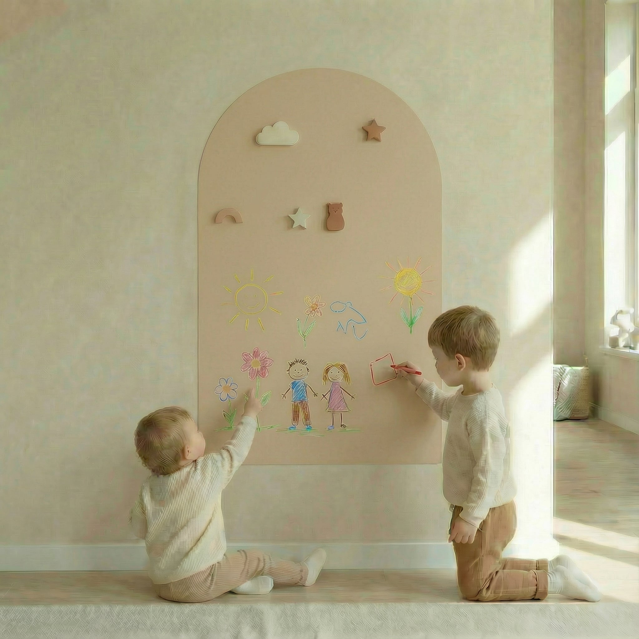 Two children drawing on a beige magnetic board for children, showcasing creative artwork and playful designs.