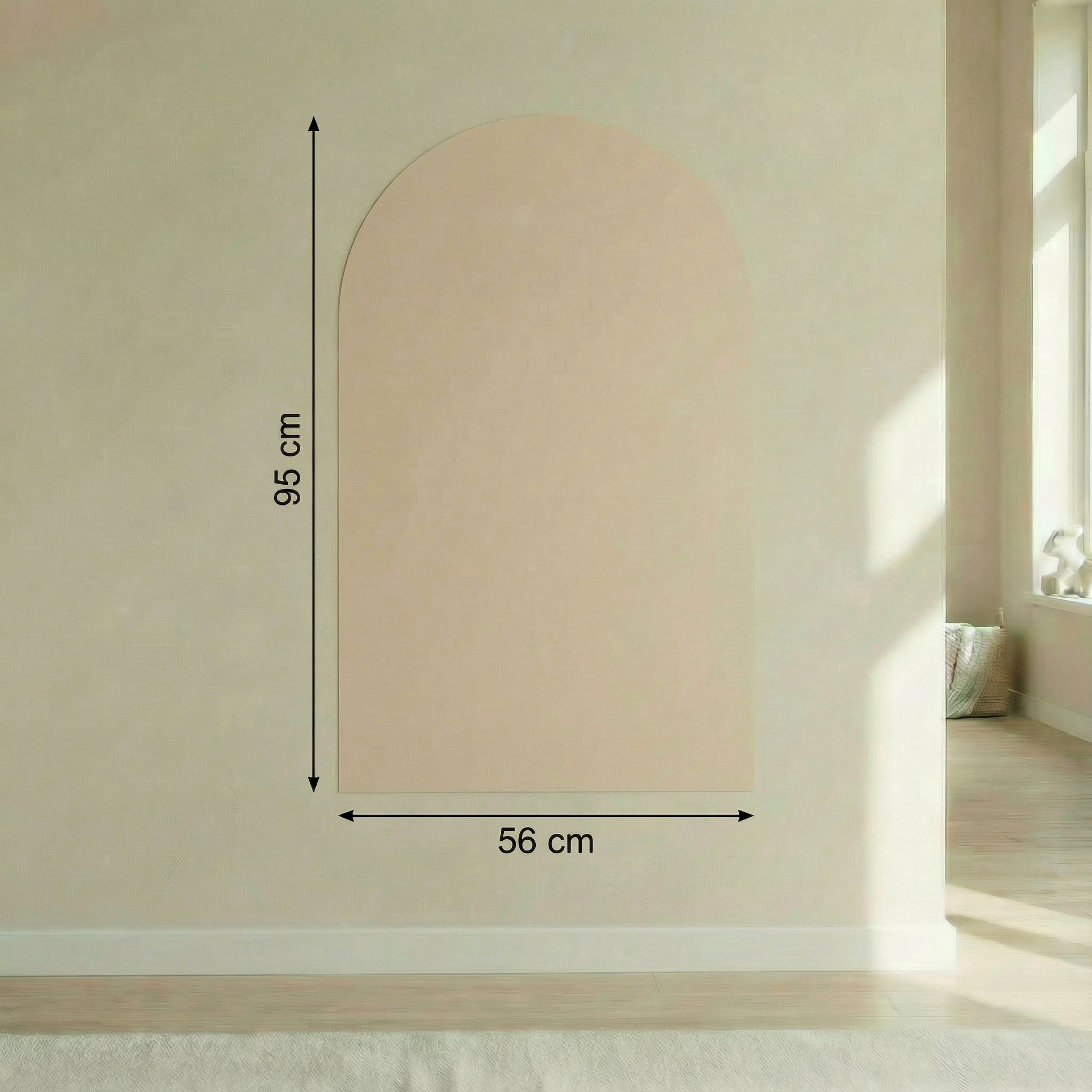 Magnetic board for children displayed on a wall, showcasing its size dimensions of 95 cm height and 56 cm width in beige.
