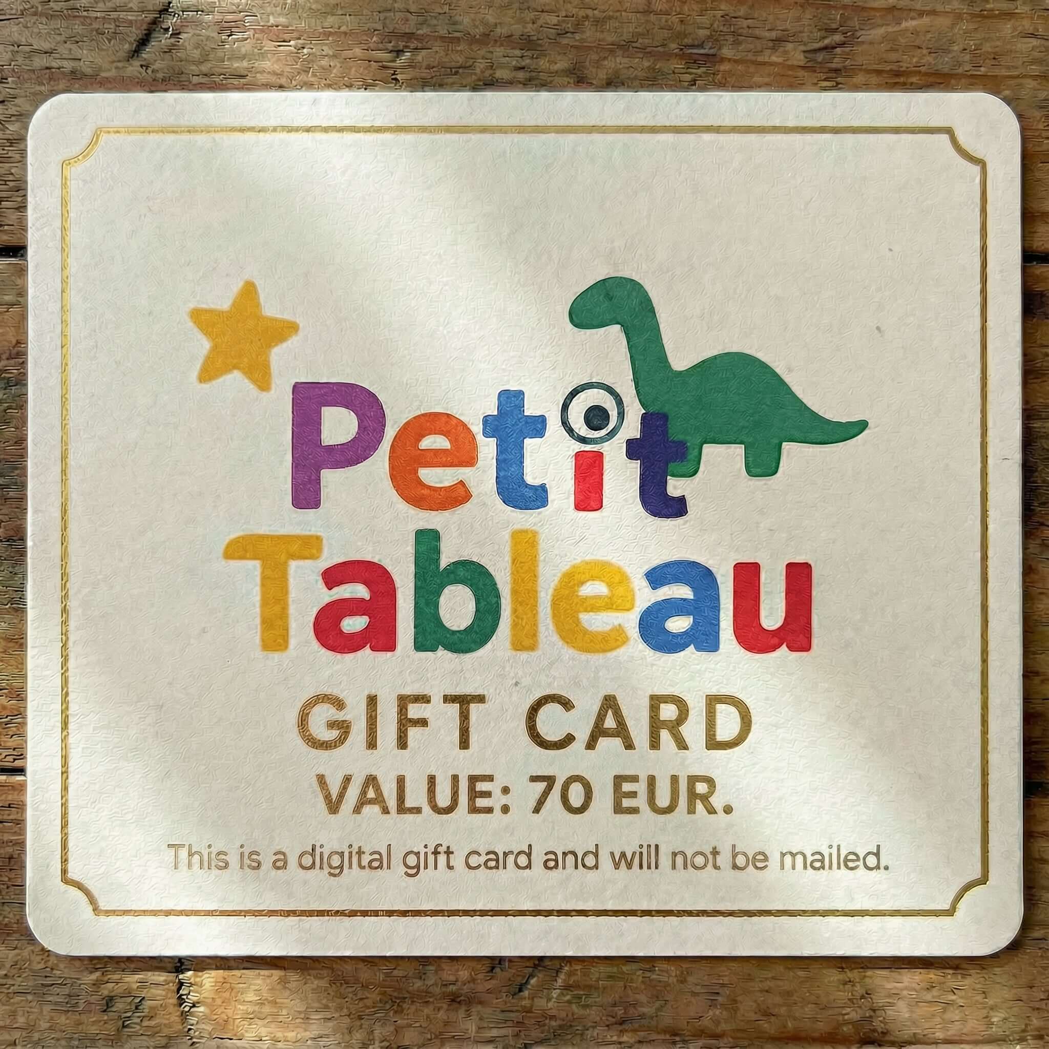 Petit Tableau gift card with colorful design, featuring a dinosaur and star, valued at 70 EUR.