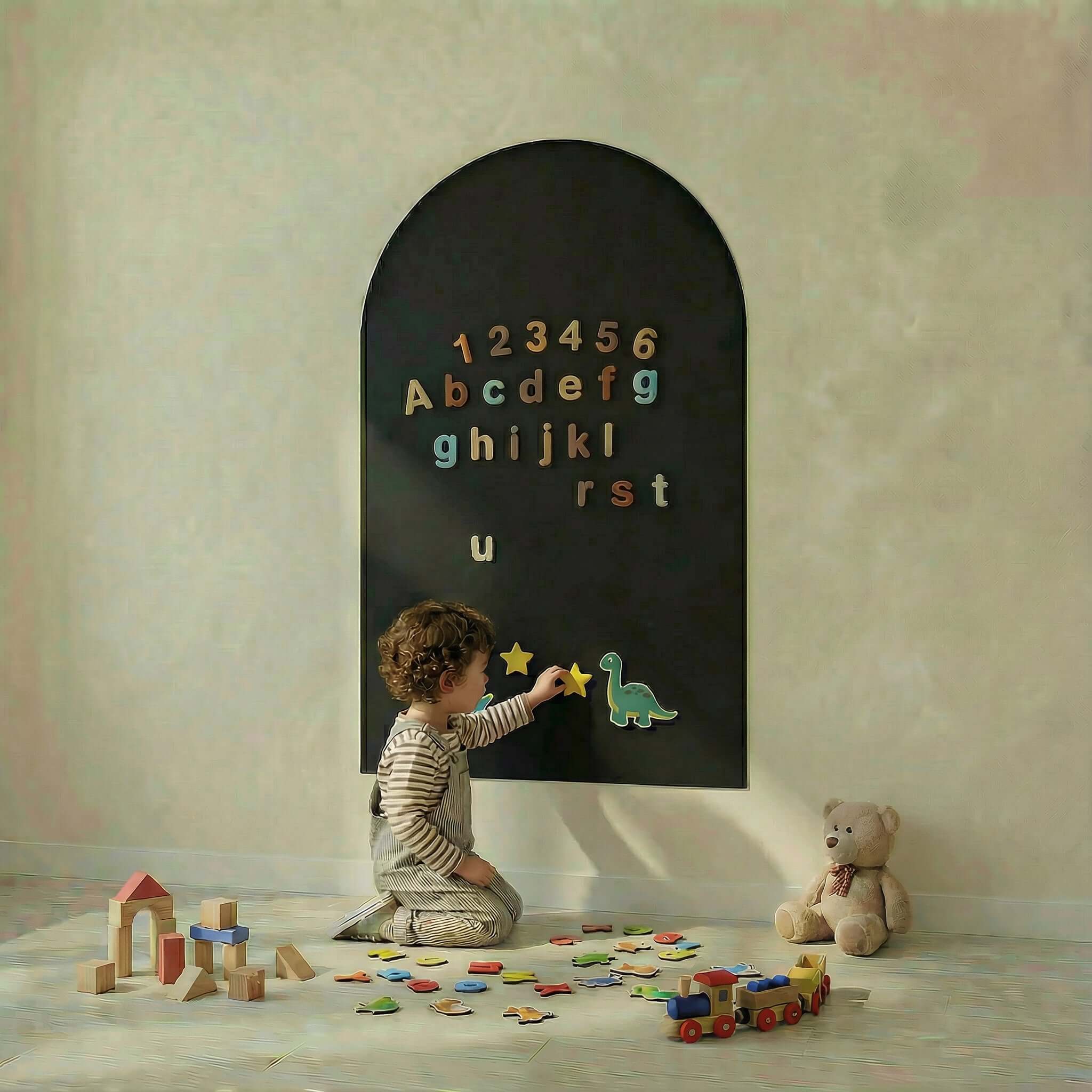 Child playing with colorful letters on a magnetic board for children - Arche - Black, with toys scattered around.