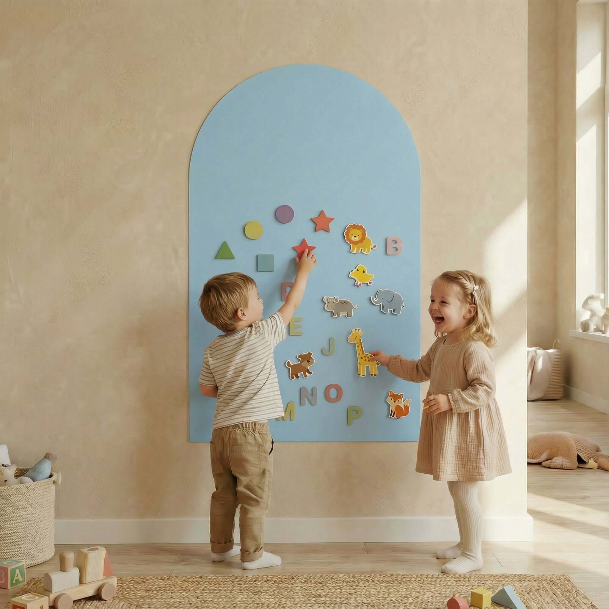 Children using a magnetic board for children to play and learn with colorful shapes and letters on a light blue background.