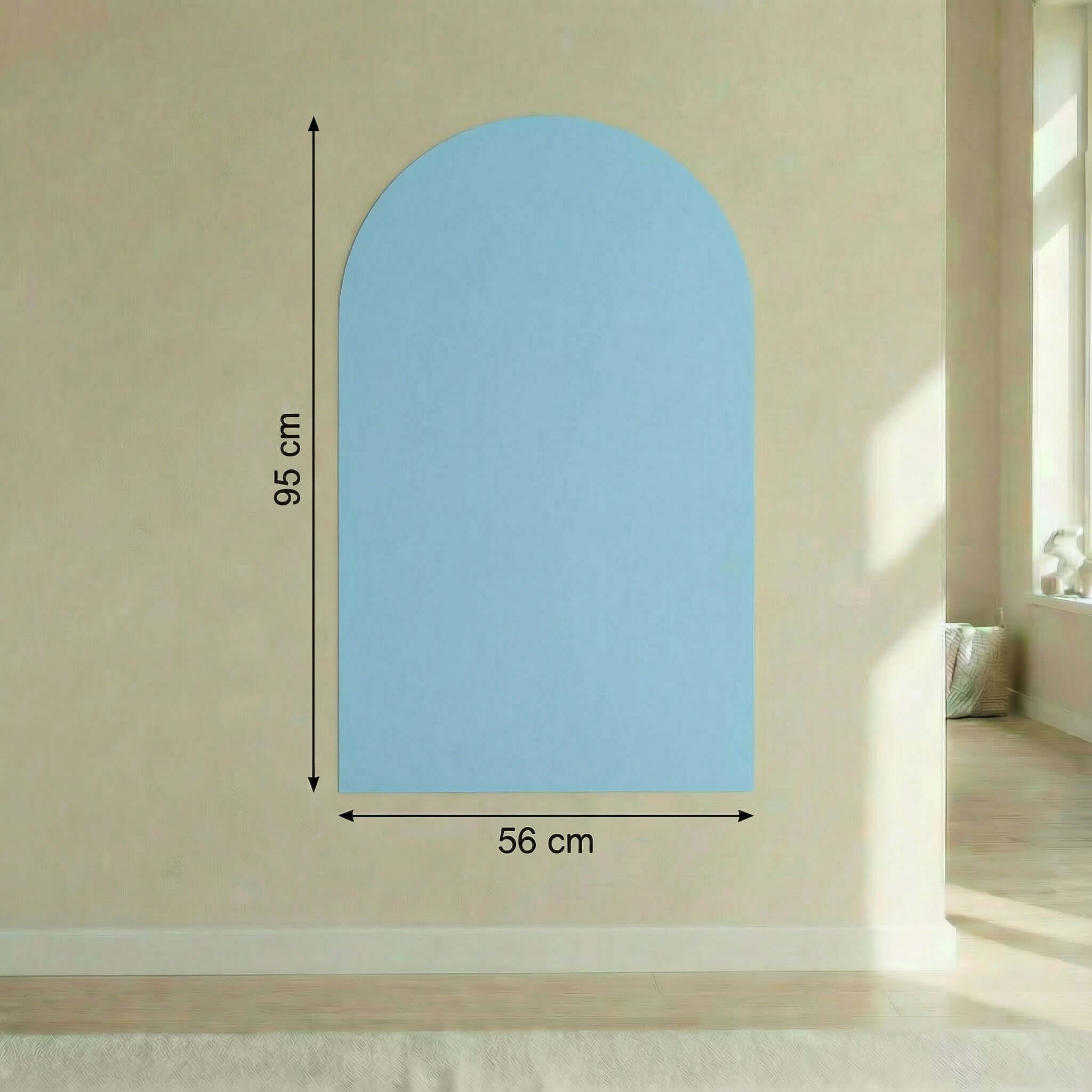 Magnetic board for children Arche in light blue, wall-friendly design with dimensions 95 cm by 56 cm.