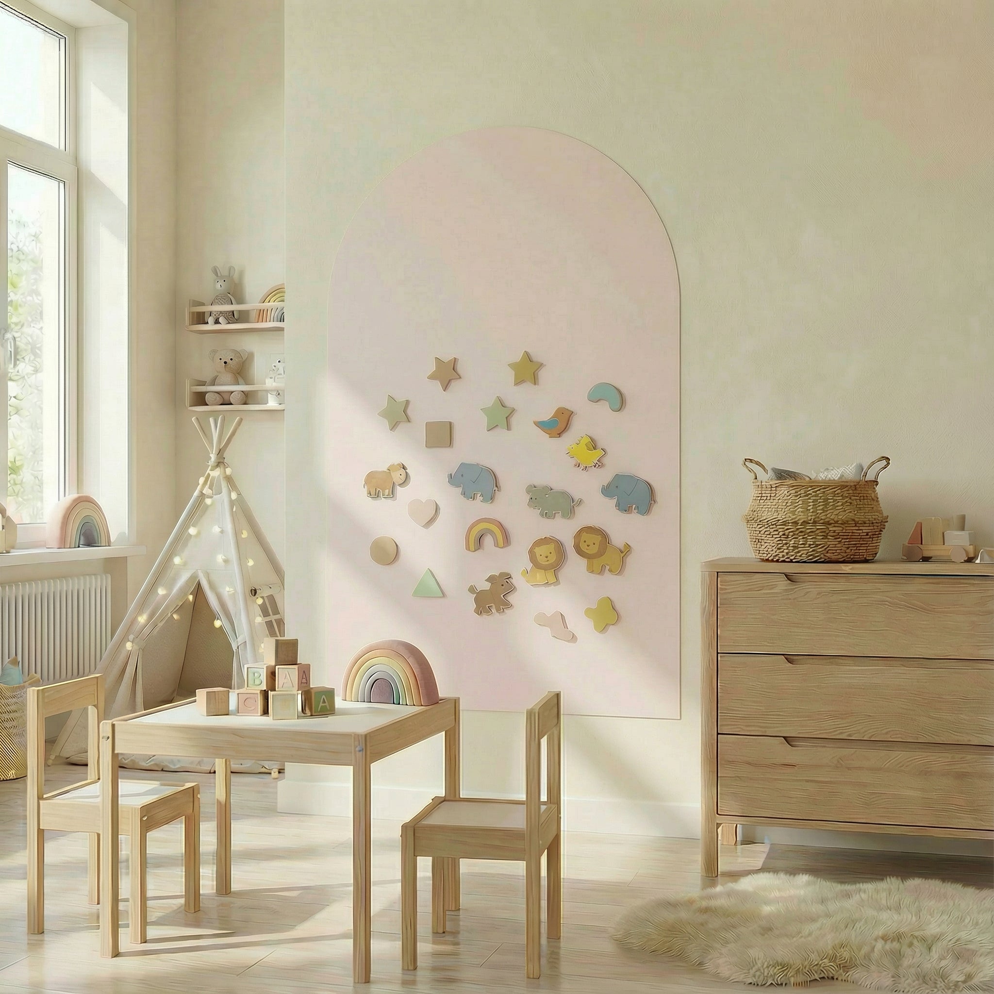 Magnetic board for children in a light pink room with colorful shapes attached, perfect for creative play.